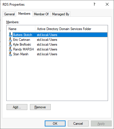 Screenshot of the RDS Properties dialog box showing the Members tab with a list of Active Directory users assigned to the RDS group.