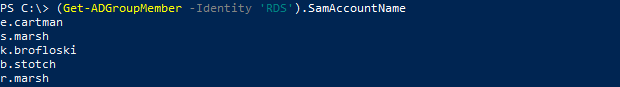 Screenshot of a PowerShell command listing the SamAccountName of members in the RDS Active Directory group using Get-ADGroupMember.