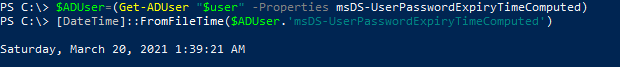 Screenshot of a PowerShell command to check the password expiration date for a user using the msDS-UserPasswordExpiryTimeComputed property.