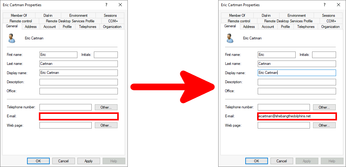 Comparison screenshot showing the update of an email address field in an Active Directory user profile, highlighting the change made to Eric Cartman's account.