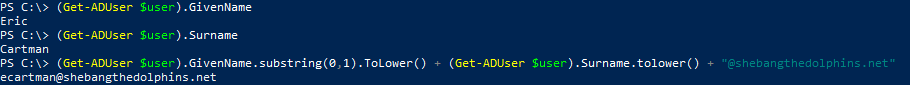 Screenshot of a PowerShell command generating an email address by concatenating the given name's initial, surname, and domain for a user in Active Directory.