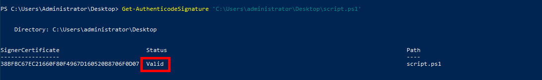 PowerShell command to validate script signature with a valid status