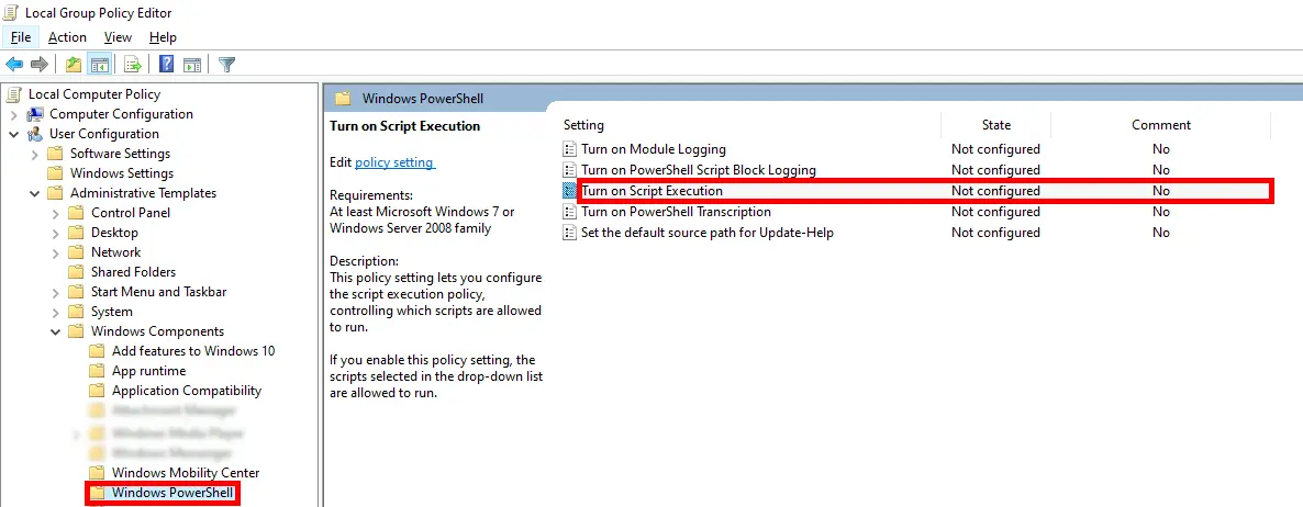 View of the Local Group Policy Editor highlighting the 'Turn on Script Execution' setting under Windows PowerShell options.