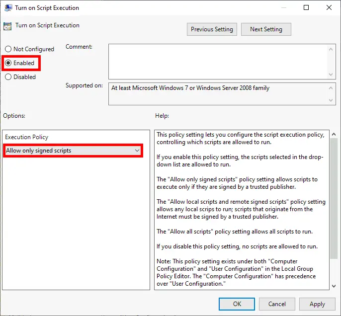 Group Policy Editor window with the Turn on Script Execution setting enabled and Allow only signed scripts selected as the execution policy