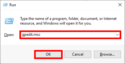 Open the Run dialog and type gpedit.msc to access the Group Policy Editor in Windows.