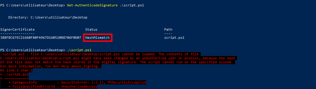 PowerShell command showing a hash mismatch error while validating script signature