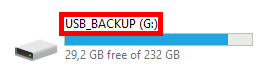 USB backup drive with available storage space displayed