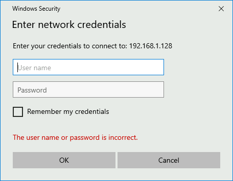 Windows security prompt for network credentials with error message