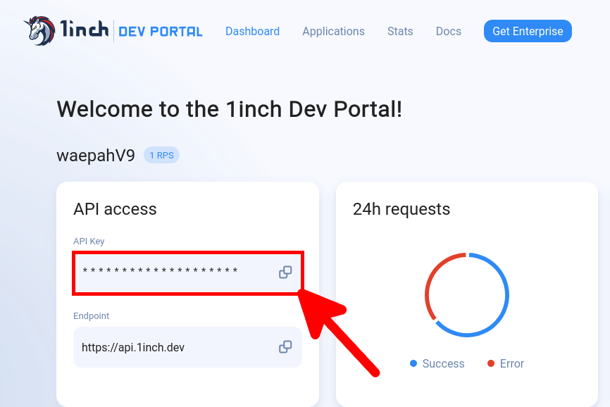 1inch.dev portal with the API key