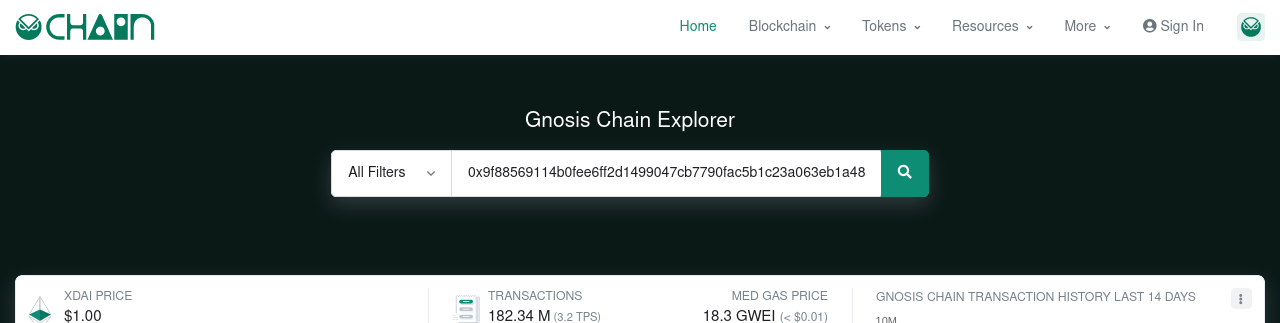 The gnosisscan.io web page with a transaction hash in the search bar