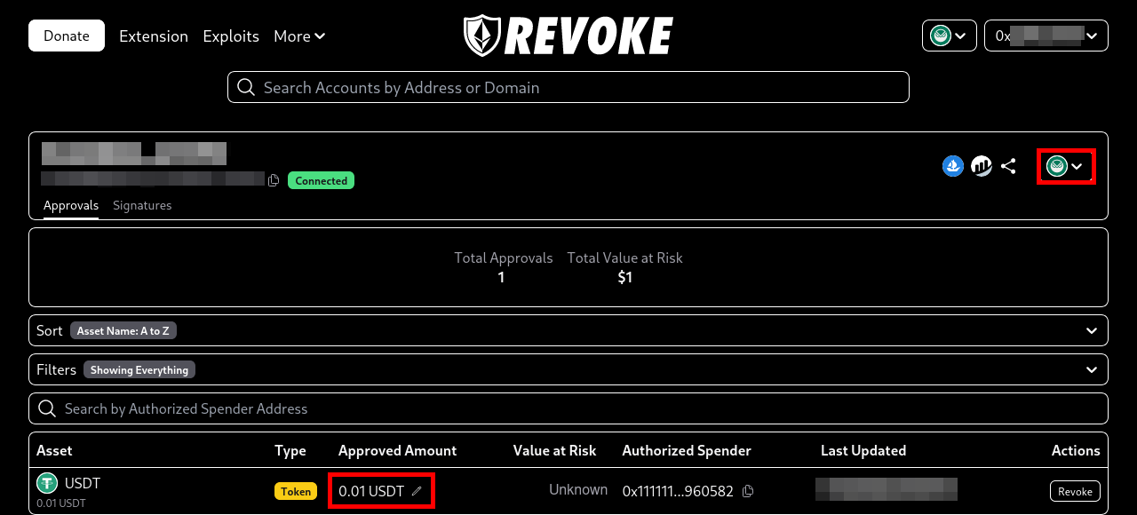 The revoke.cash web page with an approved token