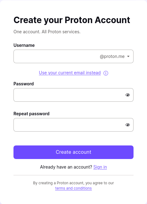 Screenshot of Proton account creation page with fields for username, password, and a 'Create account' button.