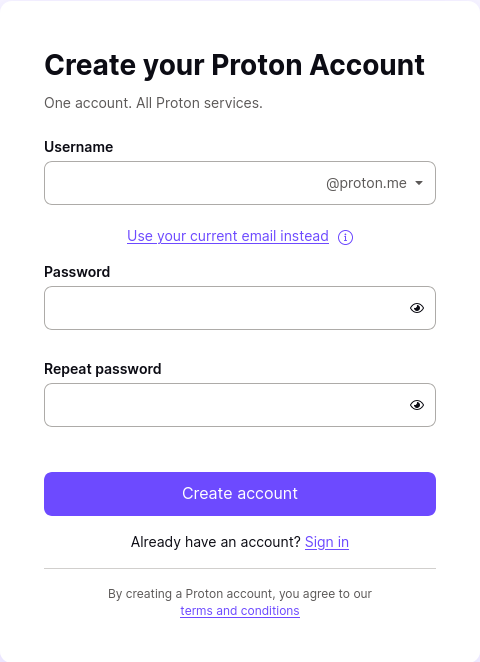 Proton Account Creation Page