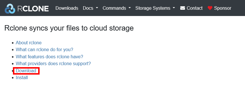 Screenshot of the Rclone website with a highlighted link for downloading the software.