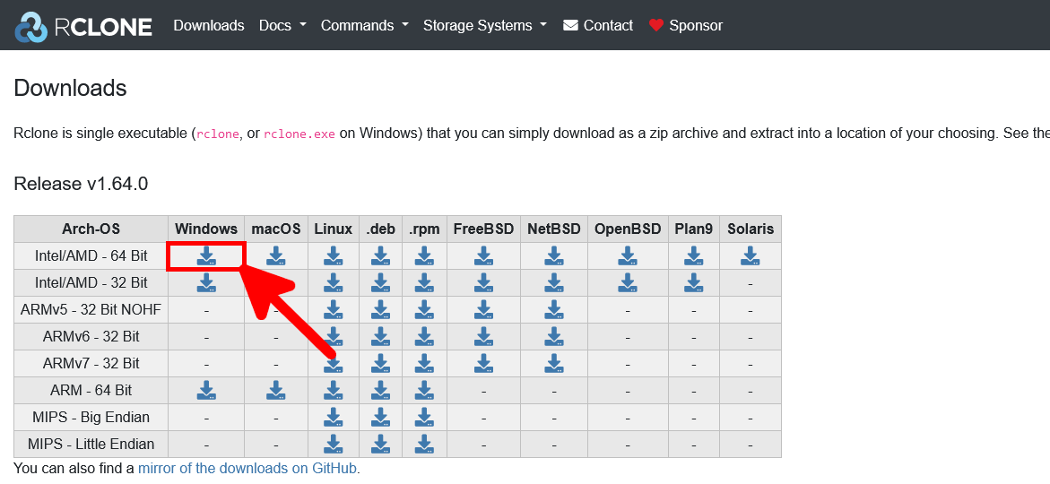 Screenshot of the Rclone download page highlighting the Windows 64-bit download option with an arrow.