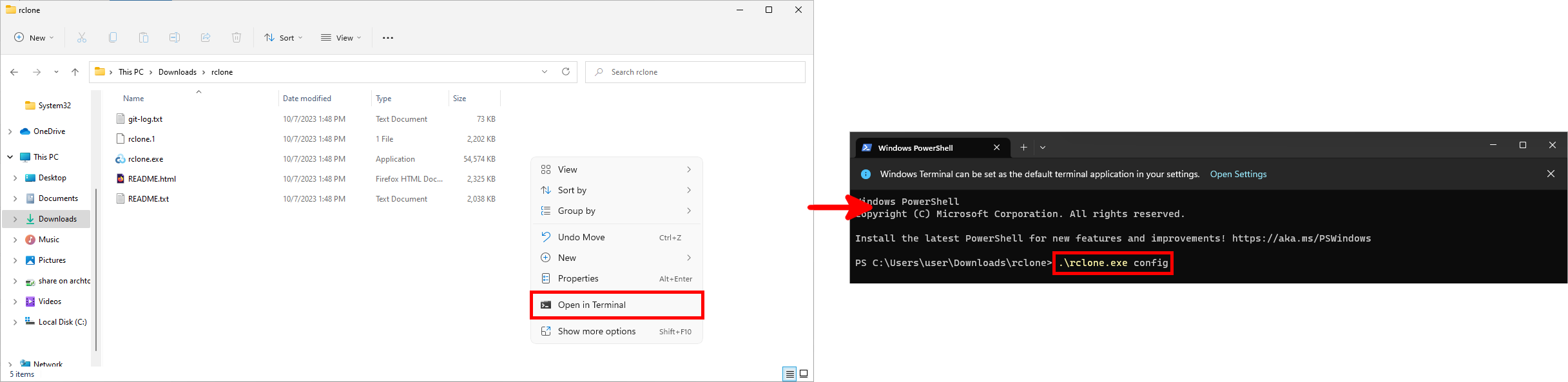 Screenshot showing the option to open Windows Terminal in the Rclone folder and execute the rclone.exe config command in PowerShell.