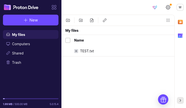 Screenshot of Proton Drive interface showing a file named TEST.txt in the My files section.