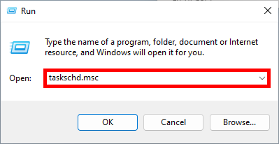 Screenshot of the Windows Run dialog box with the command tasksched.msc entered to open Task Scheduler.