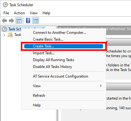 Screenshot of Windows Task Scheduler with the Create Task option highlighted in the menu.