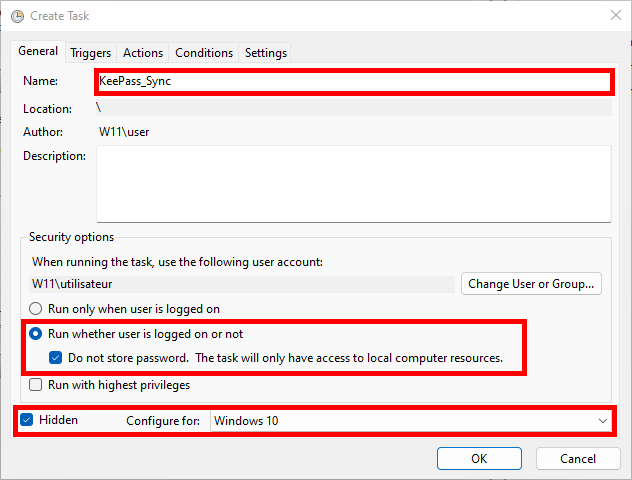 Screenshot of Task Scheduler's Create Task window showing general settings with the task name KeePass_Sync and options to run whether the user is logged on or not.