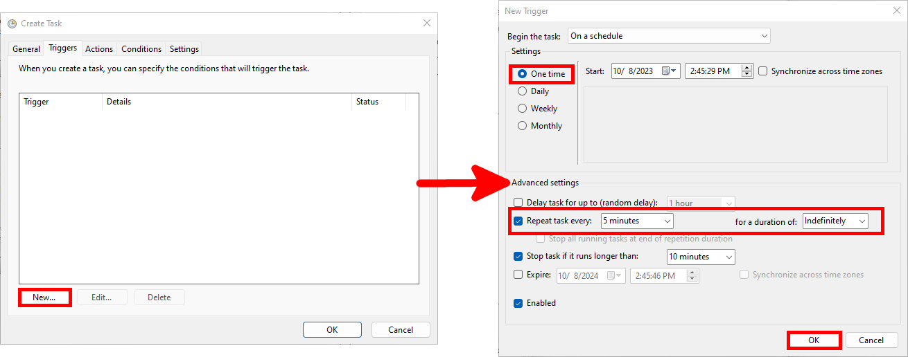 Screenshot of Task Scheduler's trigger settings with options to set a task to run one time, repeat every 5 minutes indefinitely, and confirmation with OK.