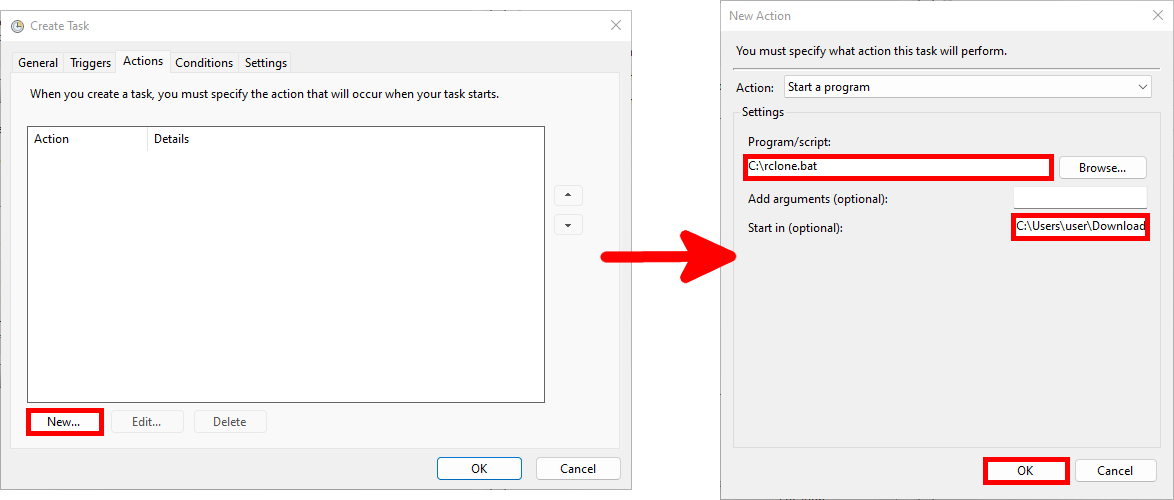 Screenshot of Task Scheduler's action settings, showing a batch script rclone.bat set to start in the Downloads folder.