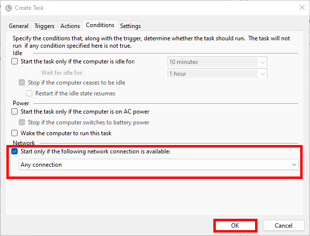 Screenshot of Task Scheduler conditions tab with the option to start the task only if a network connection is available set to Any connection.