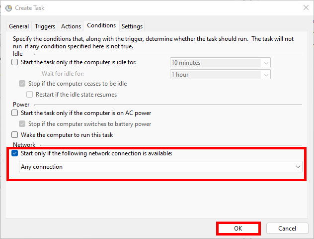 Setting Task Condition to Start Only with Network Connection