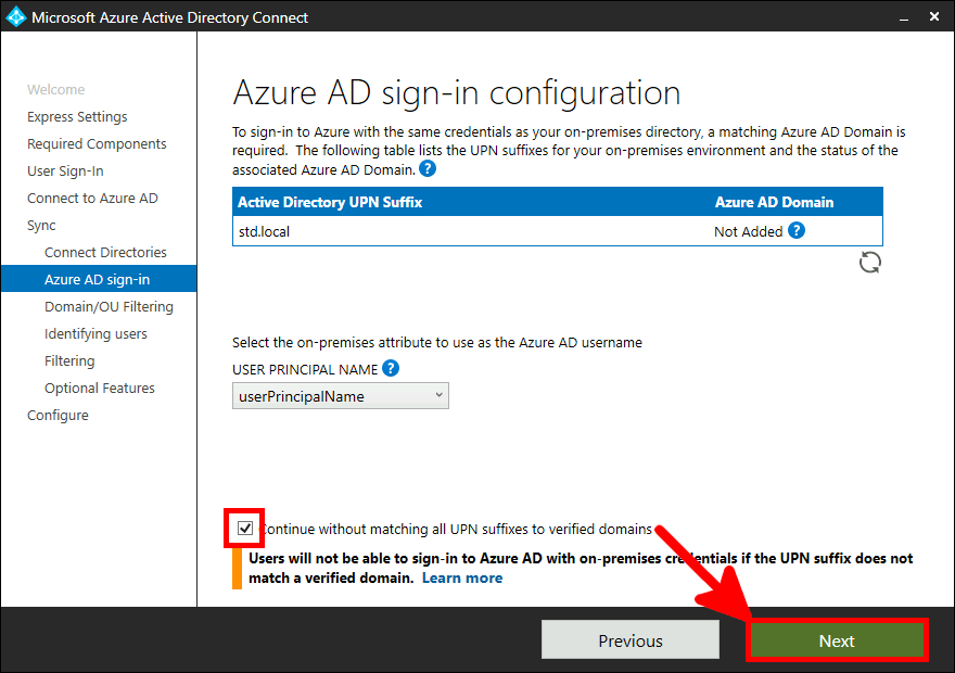 Azure AD Connect Installation | Azure AD sign-in configuration.