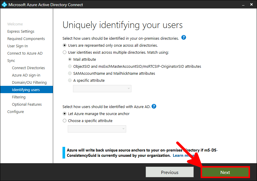 Azure AD Connect Installation | Uniquely identifying your users.