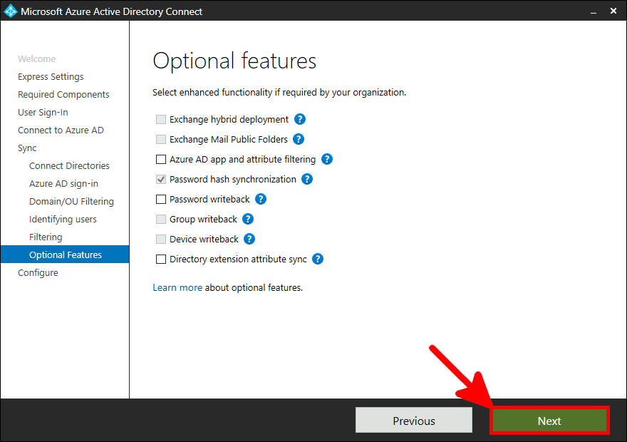 Azure AD Connect Installation | Optional features.