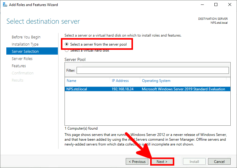 Add Roles and Features | Select destination server