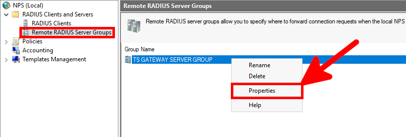 Windows | NPS console, Remote RADIUS server groups.