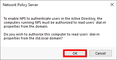 Network Policy Server window asking to authorize this computer to read users dial-in