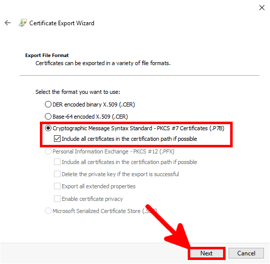 Certicate Export Wizard | Cryptographic Message Syntax Standard