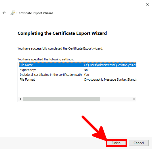 Certicate Export Wizard | Completing the certificate export wizard