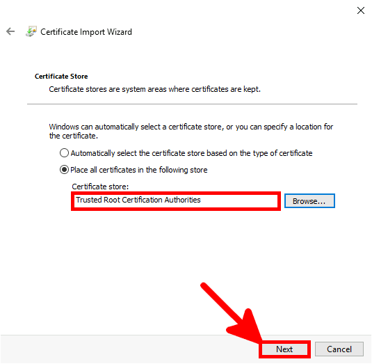 Certicate Import Wizard | Place all certificates in the following store