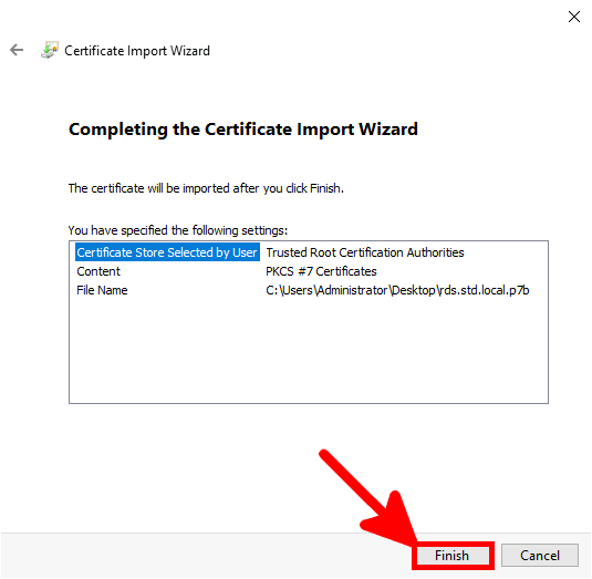 Certicate Import Wizard | Completing the certificate impot wizard