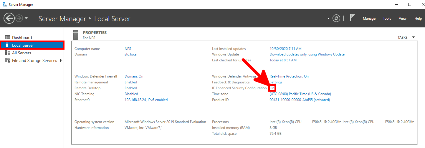 Windows Server | Server manager, IE Enhanced Security Configuration link.