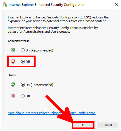 Windows Server | IE Enhanced Security Configuration window