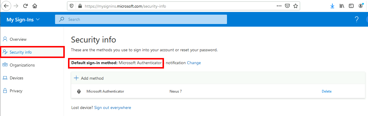 Microsoft mysignins Security info