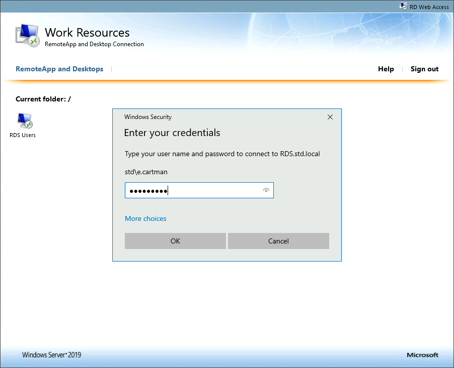 Windows | RDS Web interface, RDS app, Enter your credential
