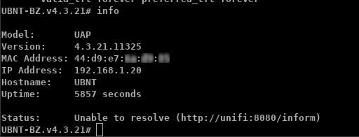 SSH session showing Ubiquiti device information using the 'info' command