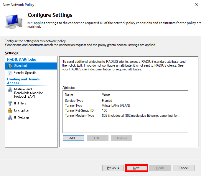 NPS window showing final list of configured RADIUS attributes including Service-Type, Tunnel-Type, Tunnel-Pvt-Group-ID, and Tunnel-Medium-Type.