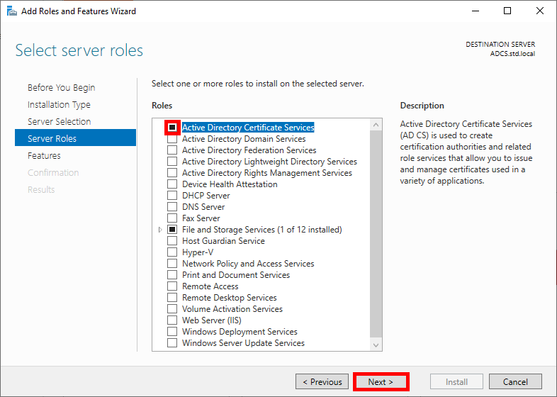 Screenshot of the 'Select Server Roles' page in the Add Roles and Features Wizard, highlighting the Active Directory Certificate Services role selection.