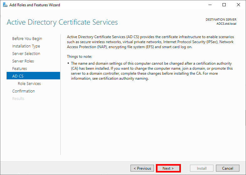 Screenshot of the 'Active Directory Certificate Services' page in the Add Roles and Features Wizard, explaining the role and considerations for setting up AD CS.