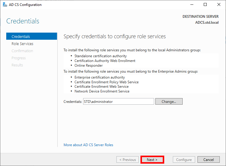 Screenshot of the Credentials page in the AD CS Configuration wizard, showing the input for administrator credentials required to configure role services.