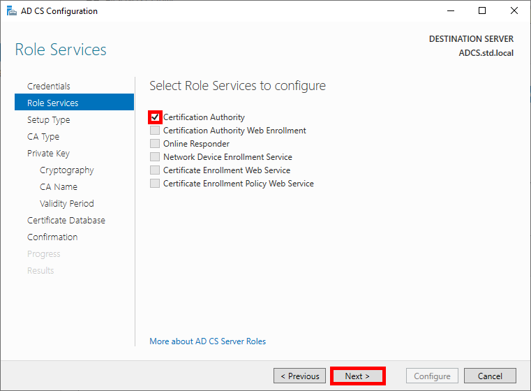 Screenshot of the Role Services page in the AD CS Configuration wizard, showing the selection of the Certification Authority role service.