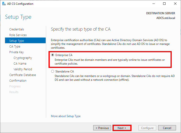 Screenshot of the Setup Type page in the AD CS Configuration wizard, highlighting the selection of the Enterprise CA option.