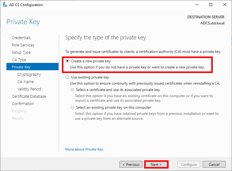 Screenshot of the Private Key page in the AD CS Configuration wizard, showing the option to create a new private key for the certification authority.